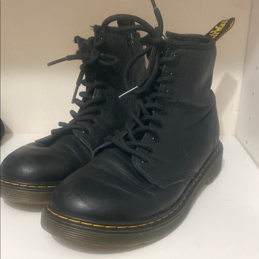 Big Kids Size 4 Dr. Martens Black Boots with Yellow Stitching